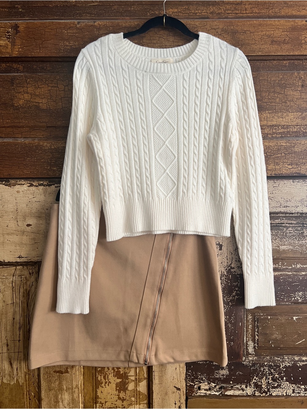 HYFVE Camel Mini Skirt | Asymmetrical Zip Front Tailored Skirt | Size L